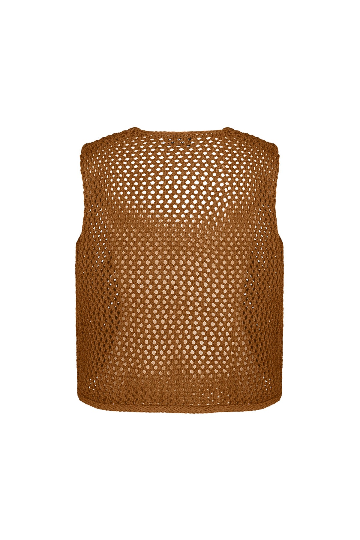 Bright red chunky knit vest with large buttons displayed flat on white background
