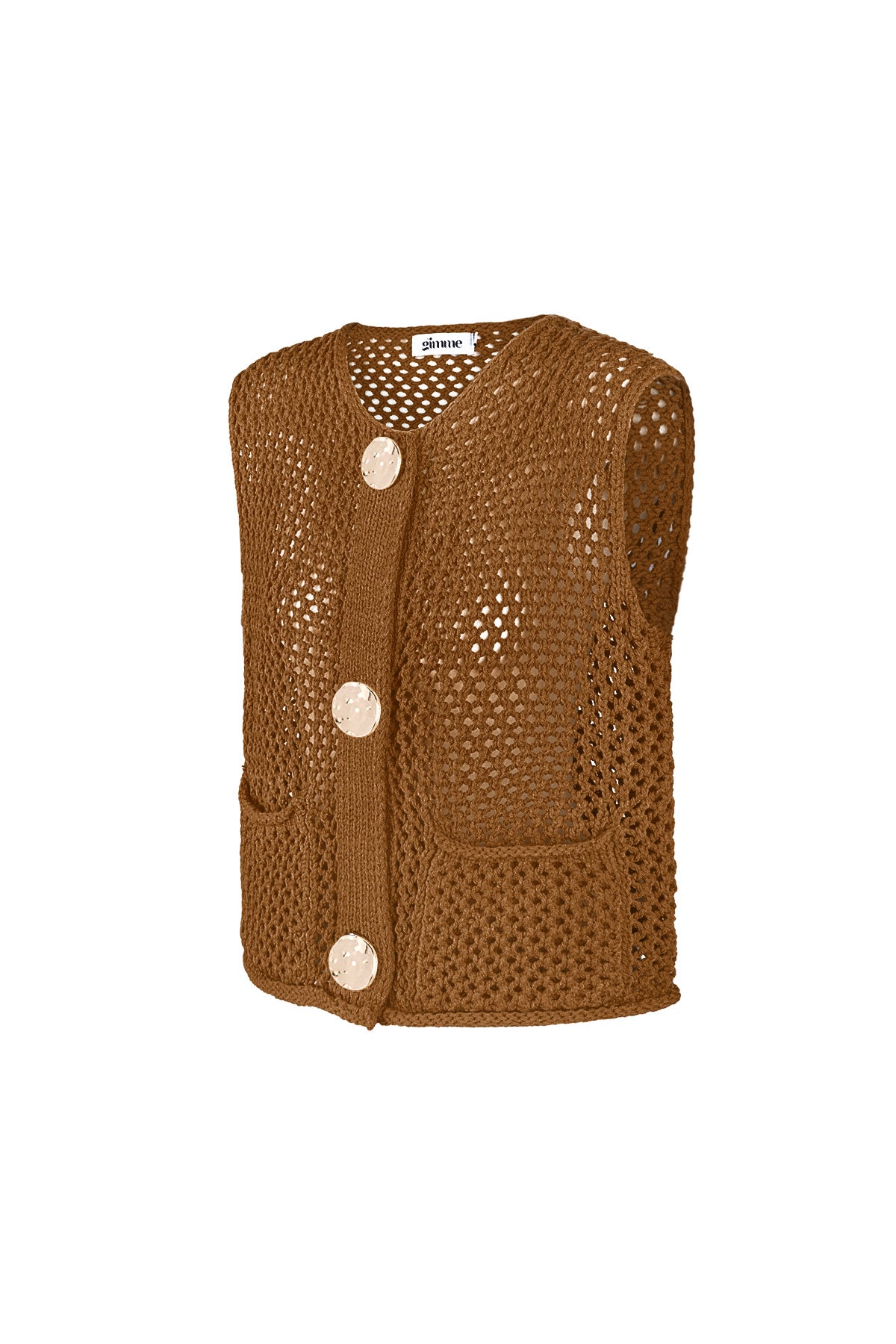 Soft beige chunky knit women's vest displayed flat showing textured knit and gold buttons