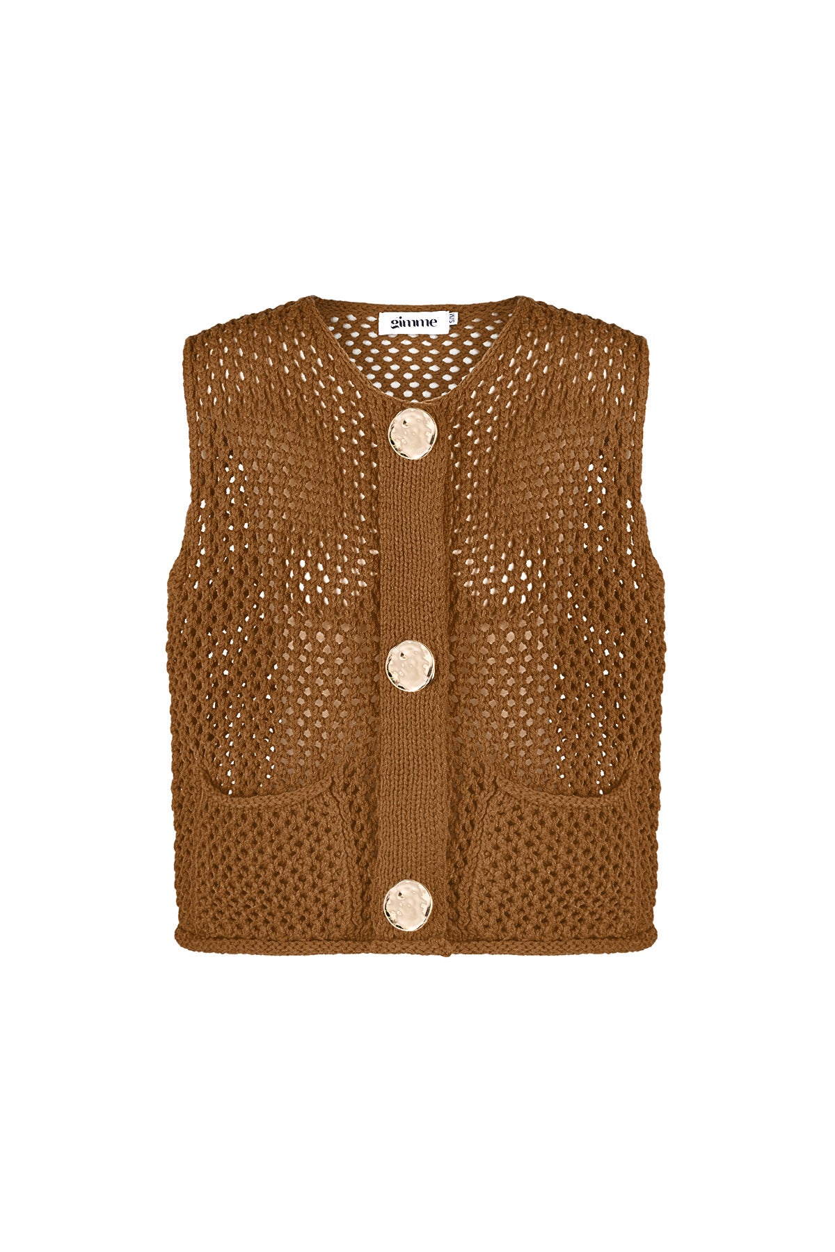 Brown chunky knit women's vest with large hammered gold buttons displayed flat