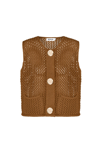 Brown chunky knit women's vest with large hammered gold buttons displayed flat