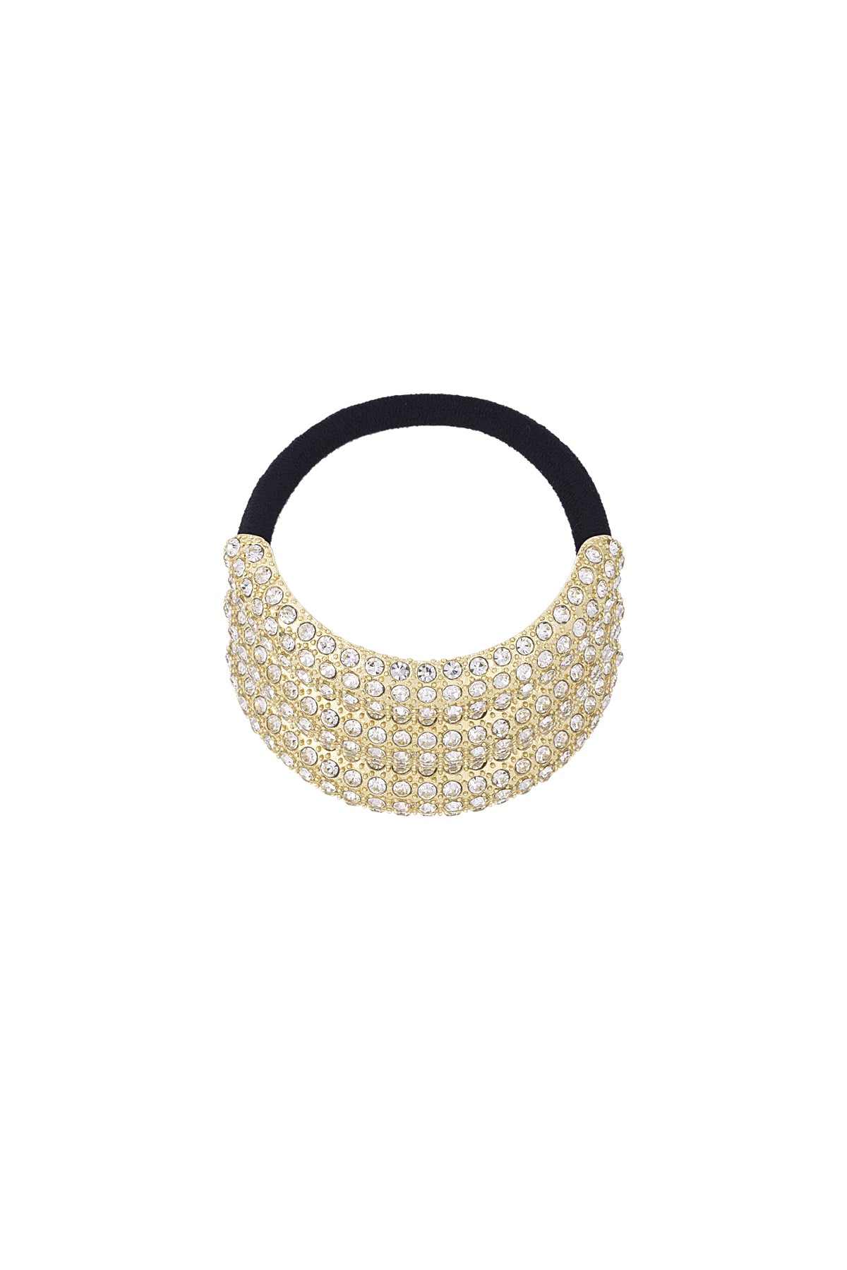 Close-up of a crystal-embellished gold-tone hair elastic with black band on white background