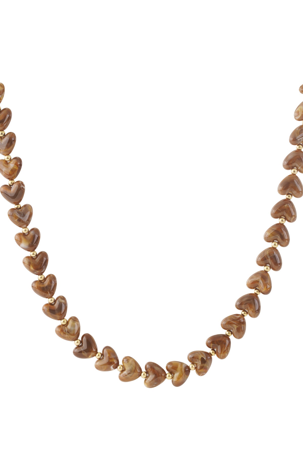 Bright hard pink marbled heart bead necklace with gold spacers on white background