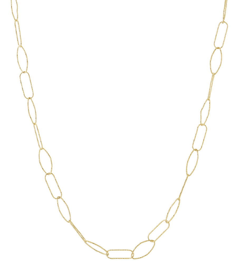Close-up of gold textured textured link chain necklace with oval and rectangular links on white background