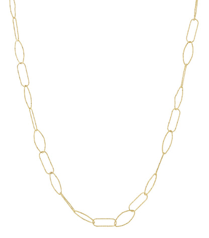 Close-up of gold textured textured link chain necklace with oval and rectangular links on white background