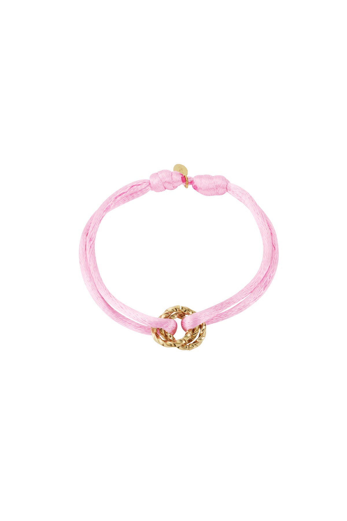 Pink knot charm bracelet with gold-plated twisted knot pendant on white background