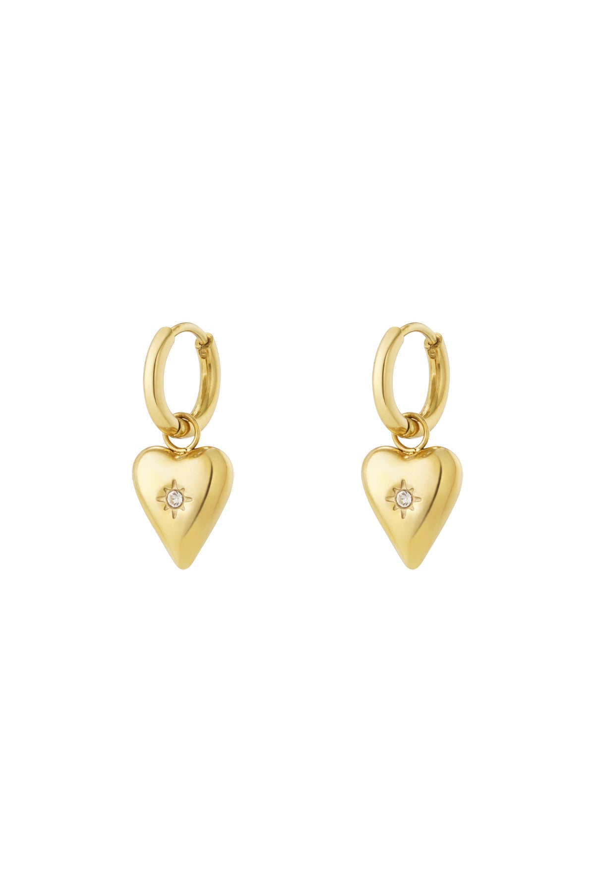 Gold-plated heart charm earrings with clear white birthstone centre on hoop backings