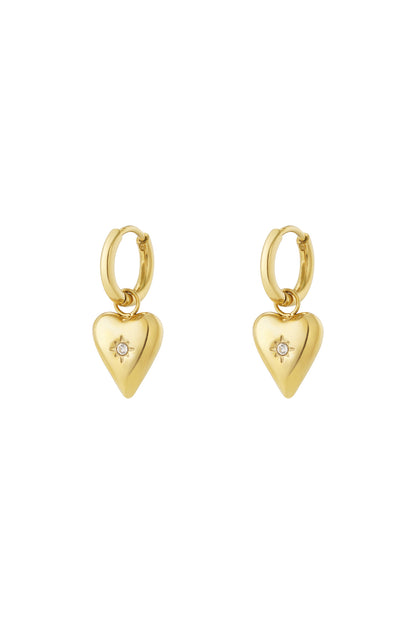 Gold-plated heart charm earrings with clear white birthstone centre on hoop backings
