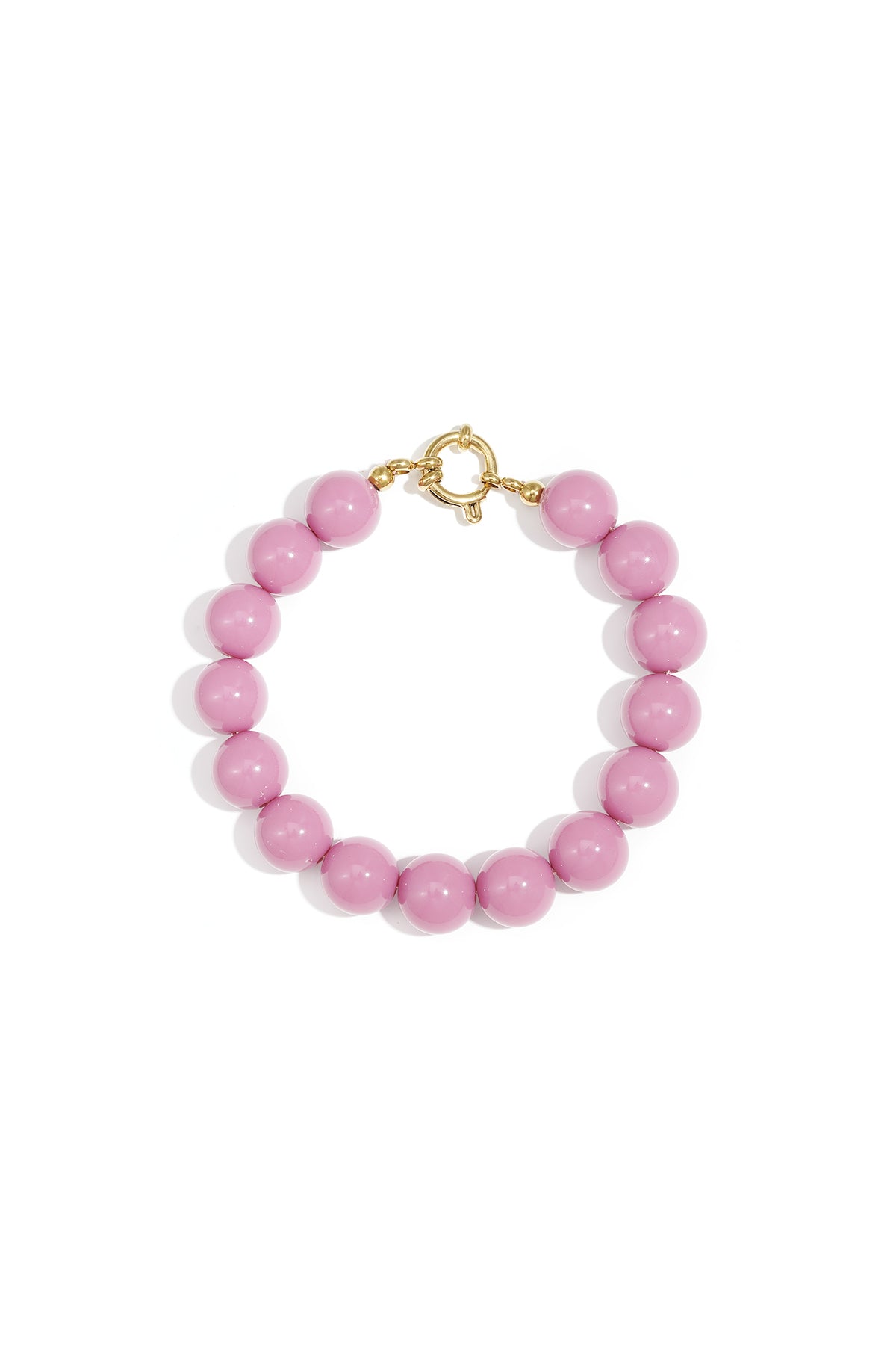 Vibrant pink resin bead bracelet with a gold-toned circular clasp on a white background.