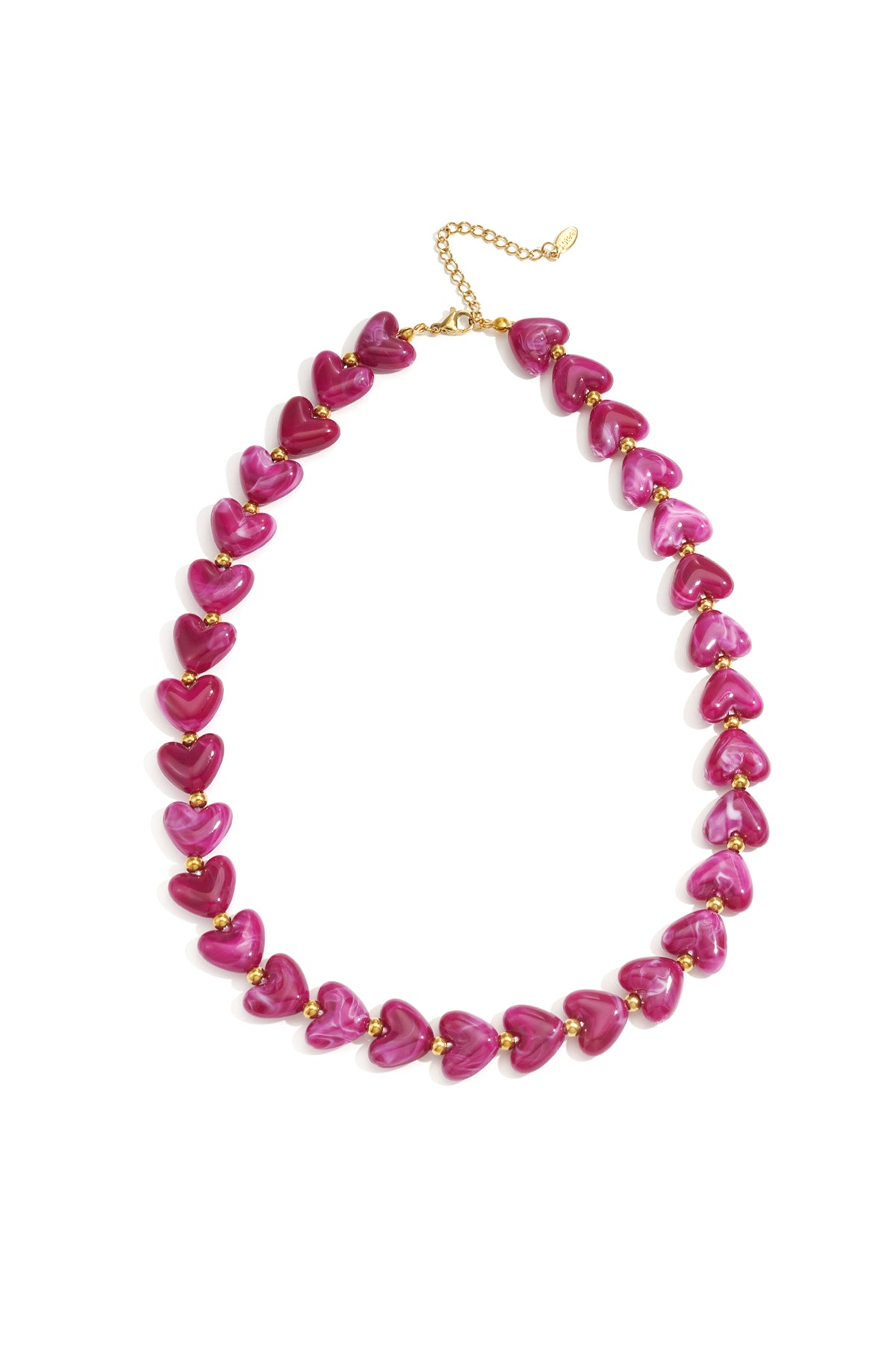 Yellow marbled heart bead necklace with gold spacers on white background