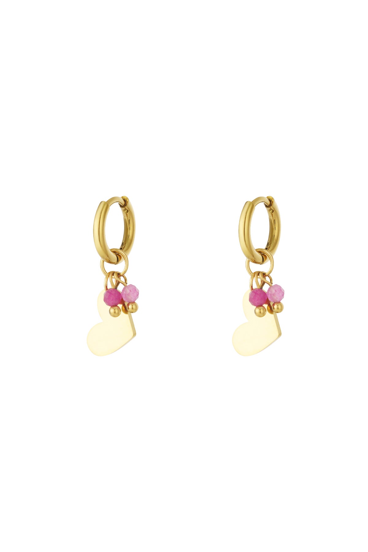 Pair of gold hoop earrings with heart charms hanging alongside bright pink and light pink beads.