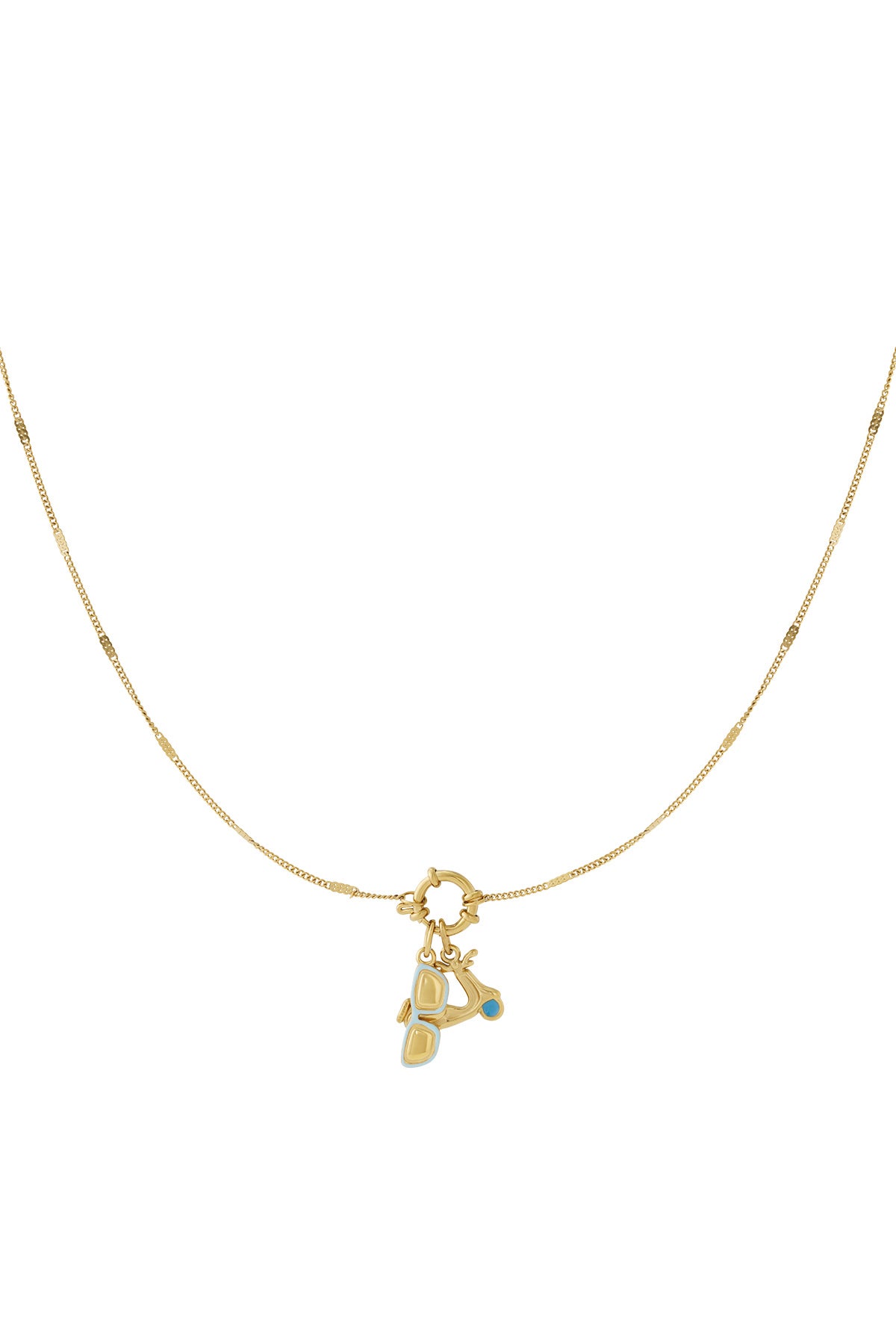 Delicate gold chain necklace with two summer charms attached: a scooter and sunglasses with blue enamel accents