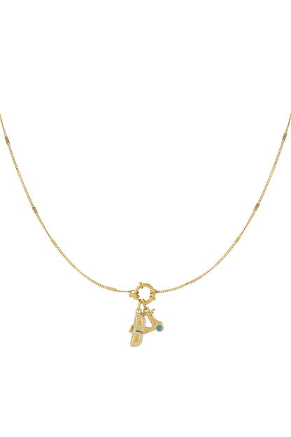 Delicate gold chain necklace with two summer charms attached: a scooter and sunglasses with blue enamel accents