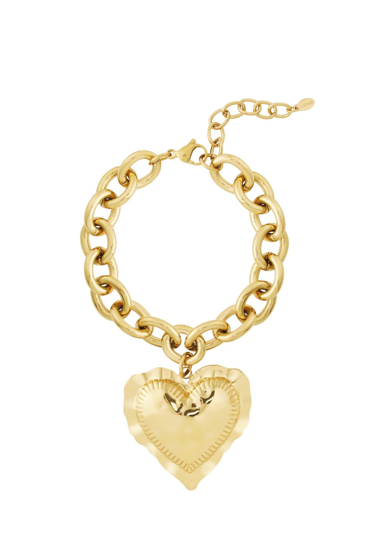 Gold chunky link bracelet with large hammered heart charm pendant on white background