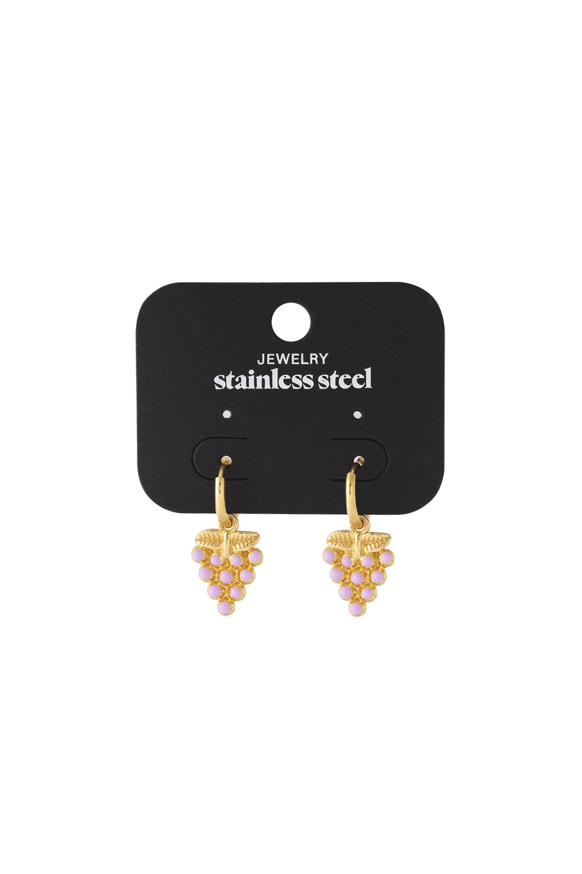 Gold grape drop earrings with pastel pink enamel displayed on a black stainless steel jewelry card