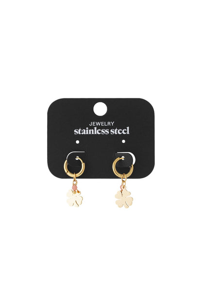 Gold stainless steel hoop earrings with small pink beads and four-leaf clover charms on a black display card.