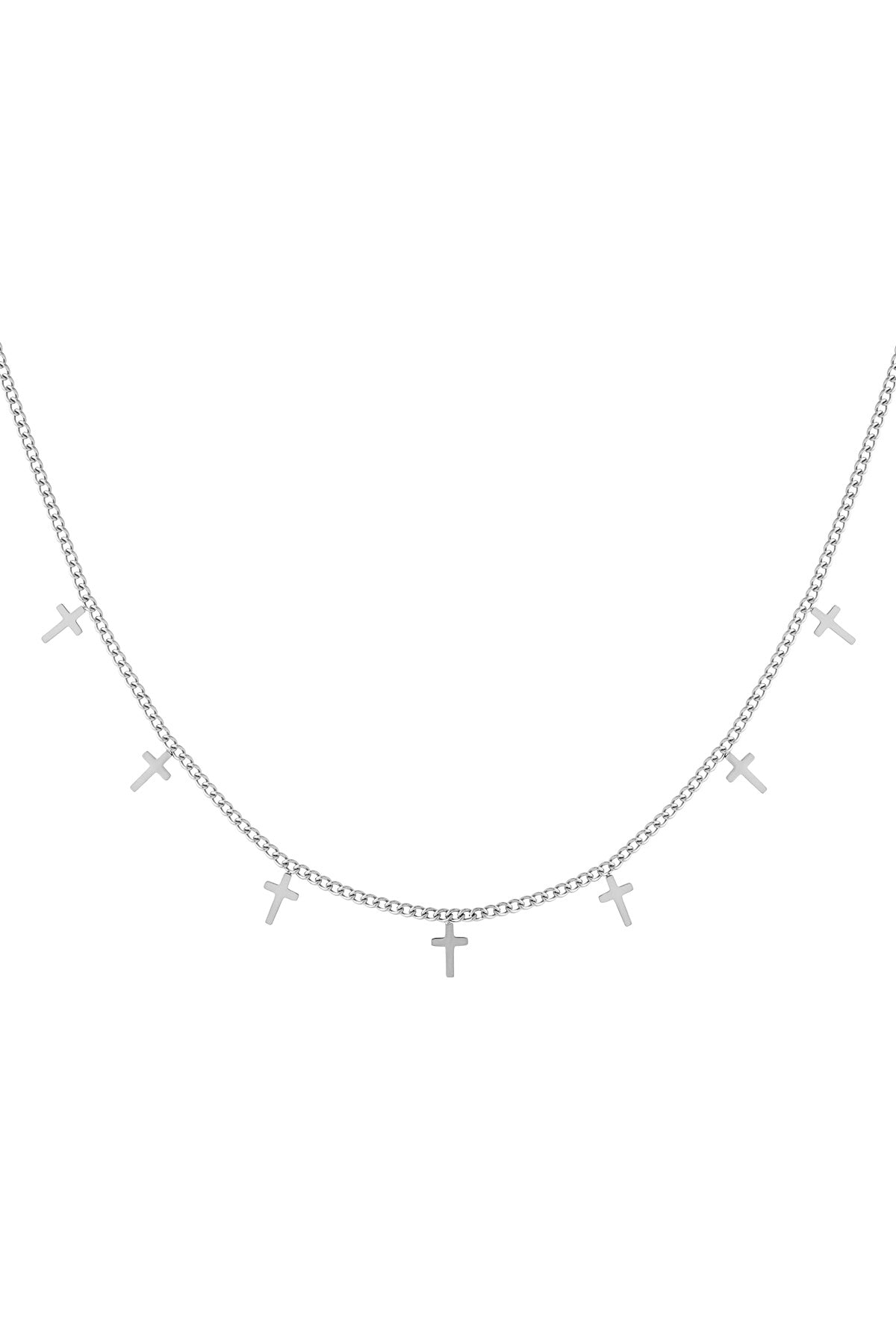 Silver chain necklace with seven small cross charms evenly spaced on white background