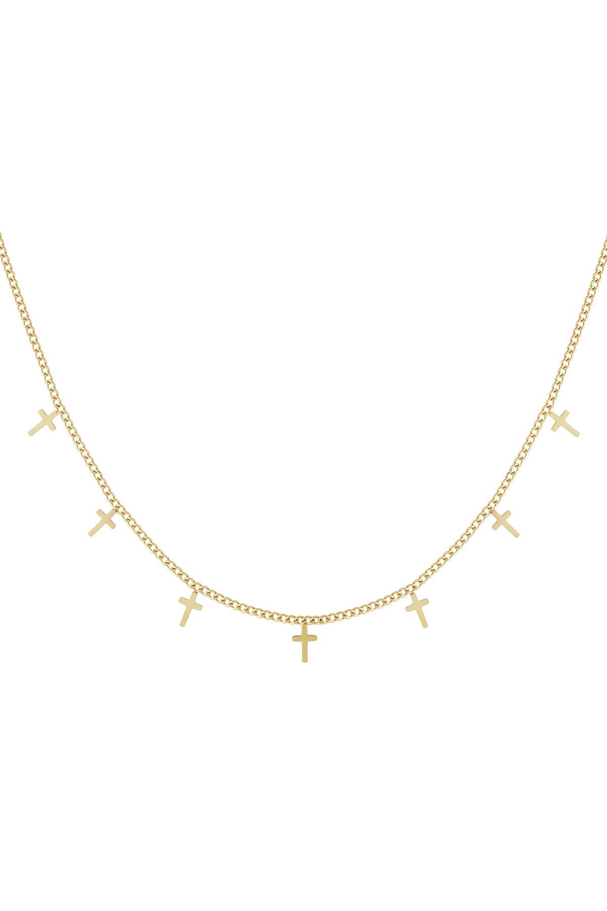 Gold chain necklace with seven small cross charms evenly spaced