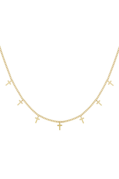 Gold chain necklace with seven small cross charms evenly spaced