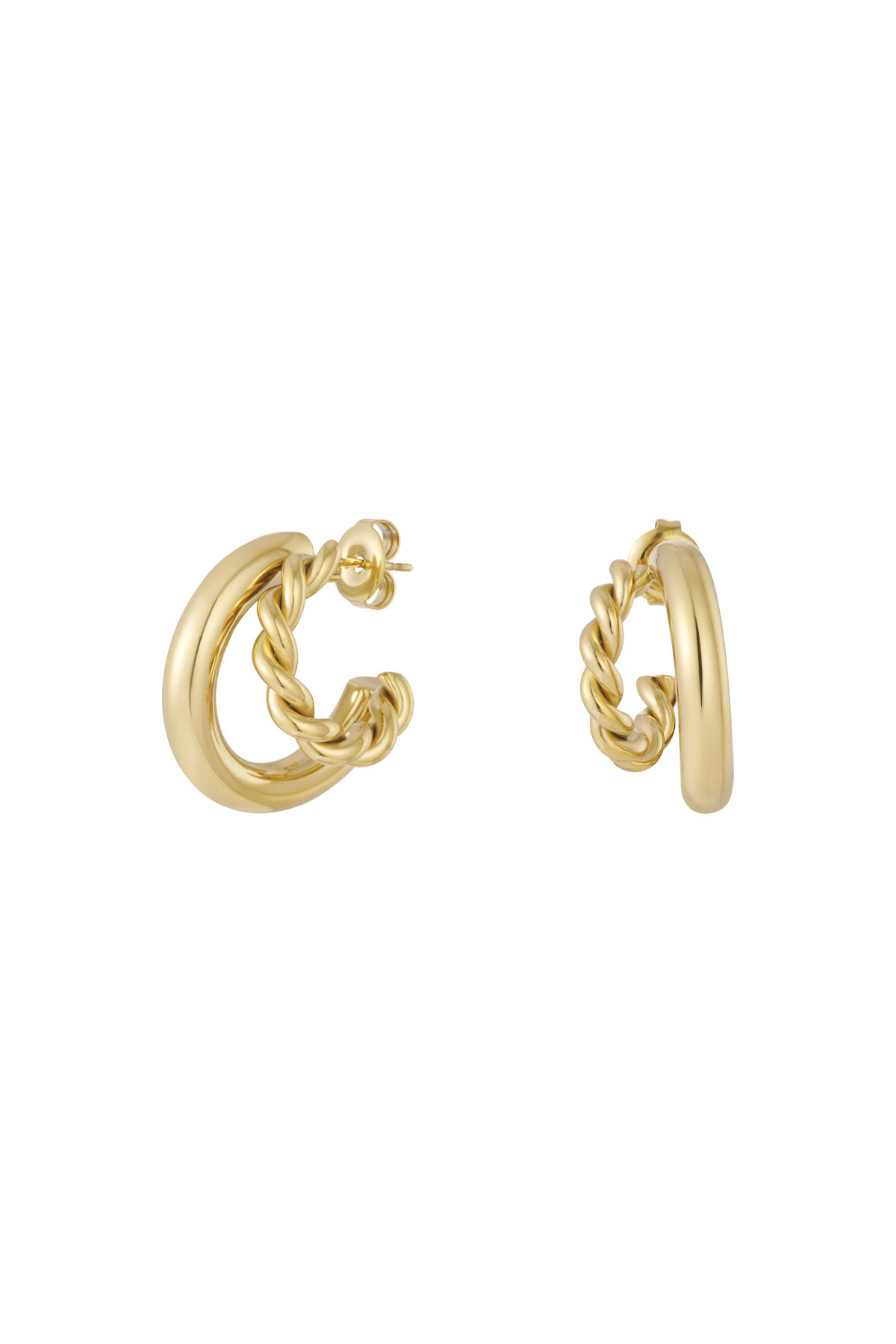 Gold twist and smooth dual hoop earrings displayed side by side on white background