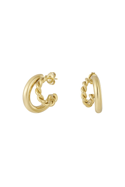 Gold twist and smooth dual hoop earrings displayed side by side on white background