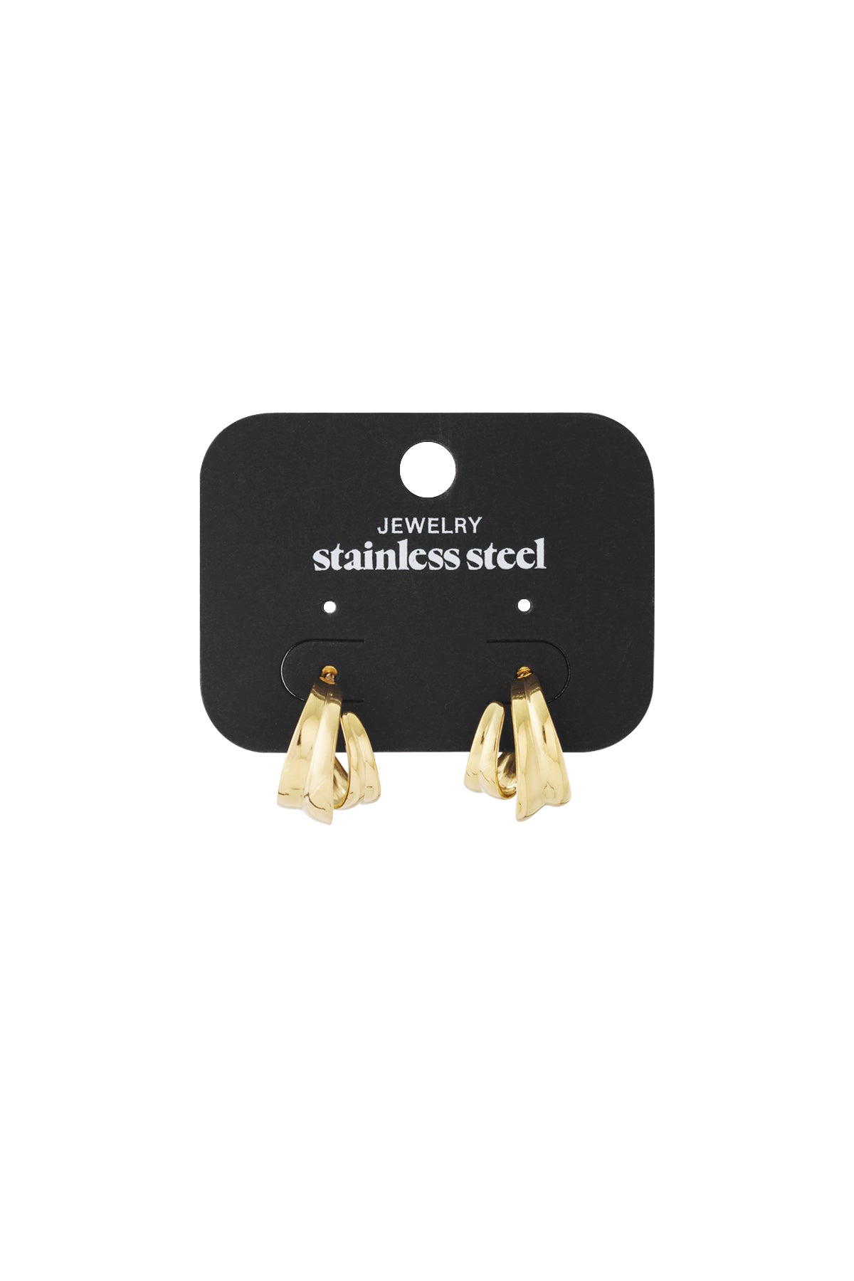 Sculpted Aura Loops: Gold-toned stainless steel huggie hoop earrings with a modern, twisted, layered design.