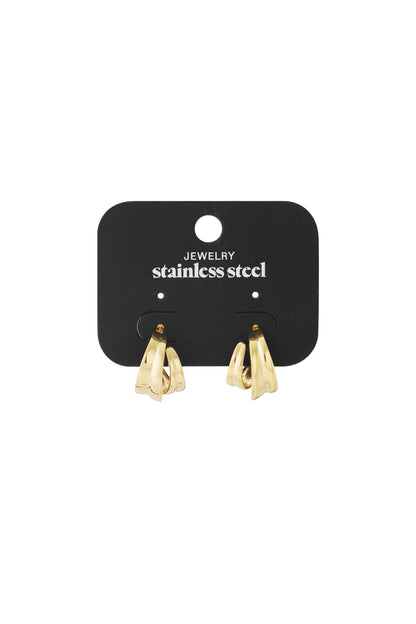 Sculpted Aura Loops: Gold-toned stainless steel huggie hoop earrings with a modern, twisted, layered design.