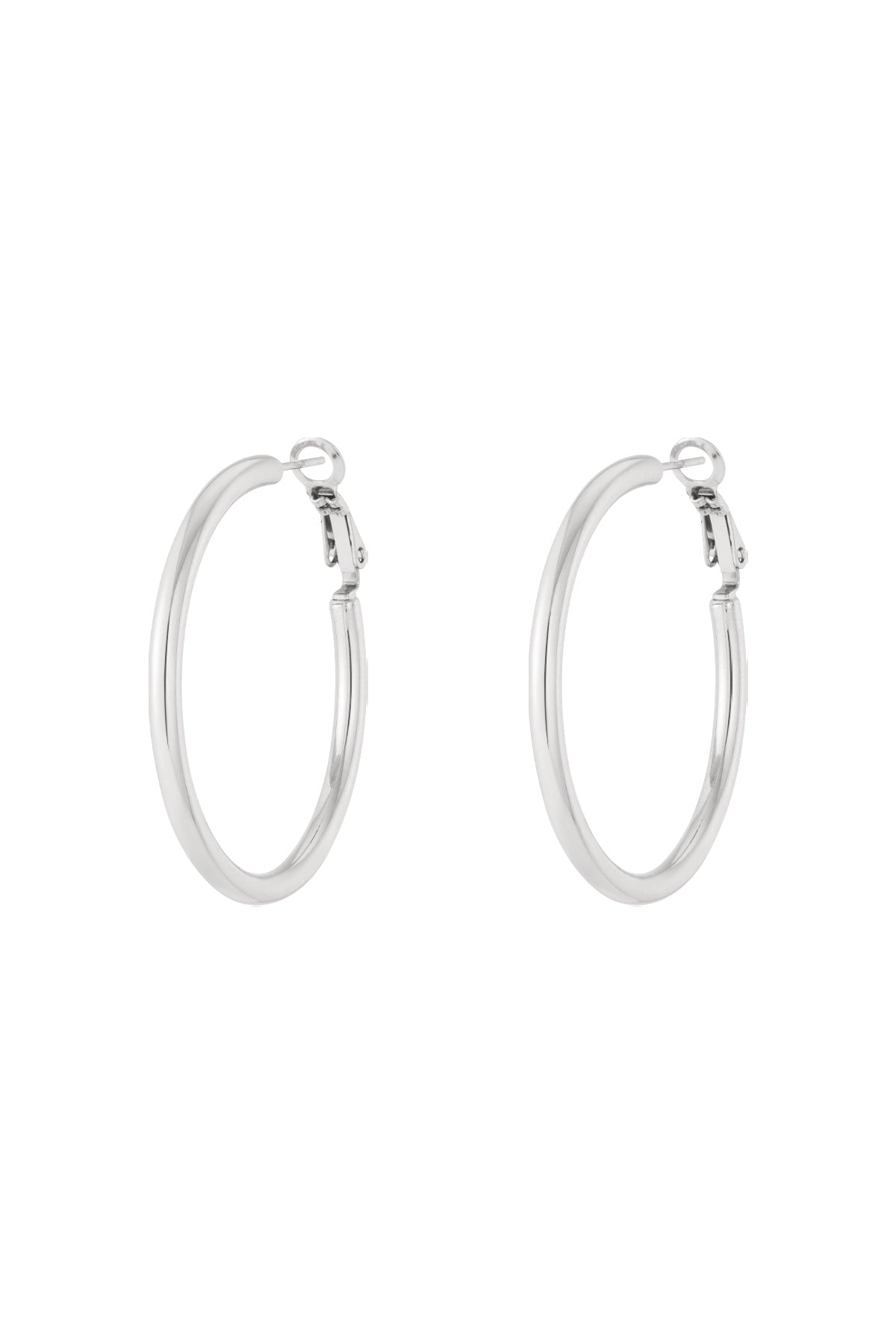 Pair of sleek silver hoop earrings on white background