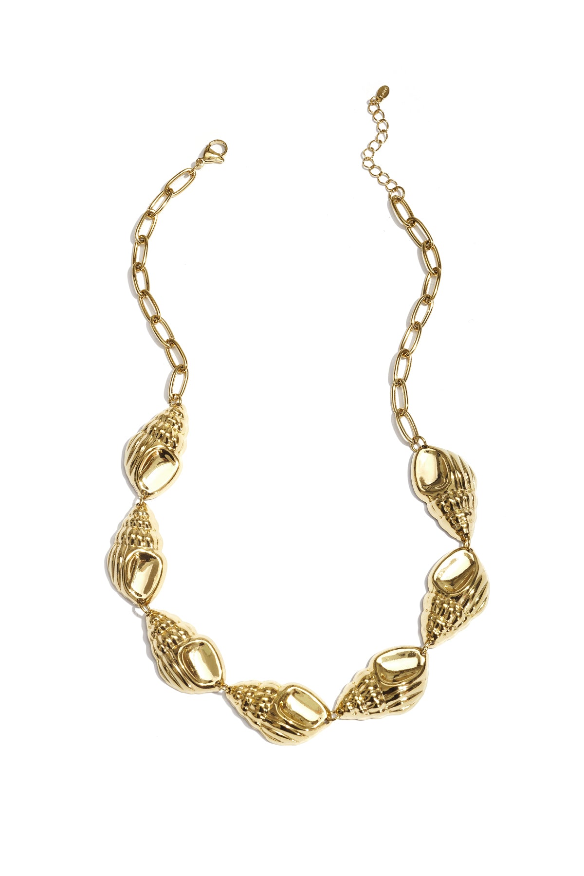 Gold-tone statement necklace featuring large, polished shell links with lobster clasp and adjustable chain on white background
