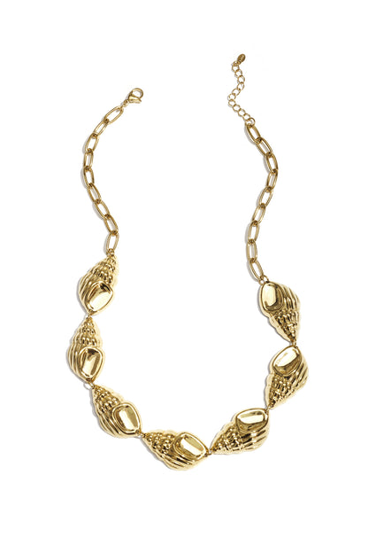 Gold-tone statement necklace featuring large, polished shell links with lobster clasp and adjustable chain on white background