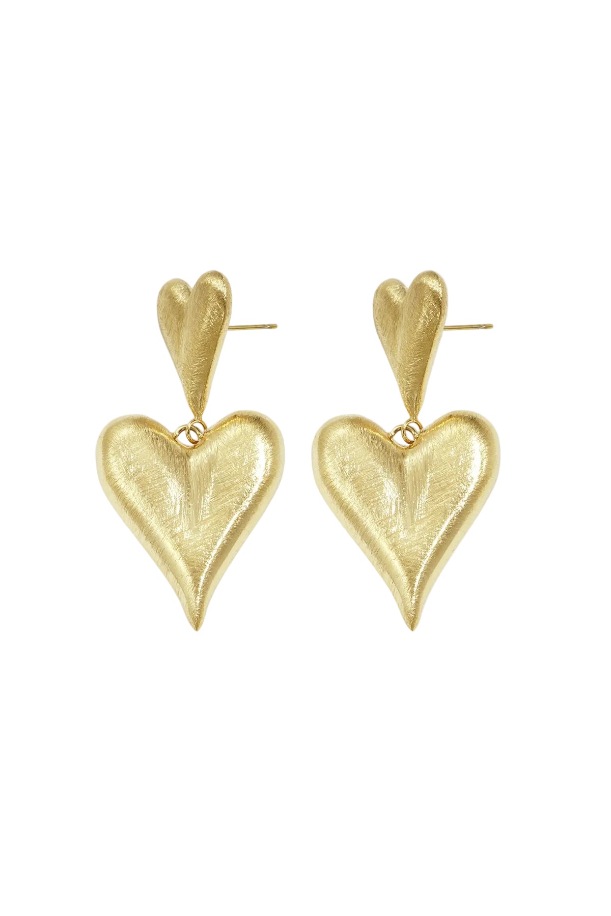 Pair of gold drop earrings featuring two textured hearts, a smaller heart studs and a larger heart drop