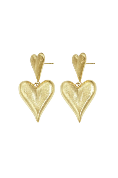 Pair of gold drop earrings featuring two textured hearts, a smaller heart studs and a larger heart drop