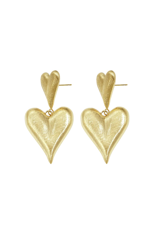 Pair of gold drop earrings featuring two textured hearts, a smaller heart studs and a larger heart drop