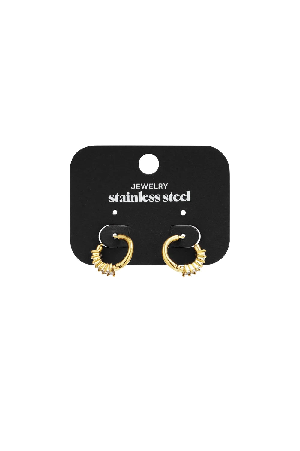 Gold-tone stainless steel hoop earrings featuring a partial row of baguette-cut crystals on a black display card.