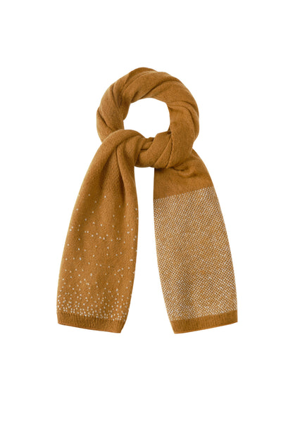 Warm brown knit scarf featuring colorblock design and subtle shimmer, arranged looped on plain background