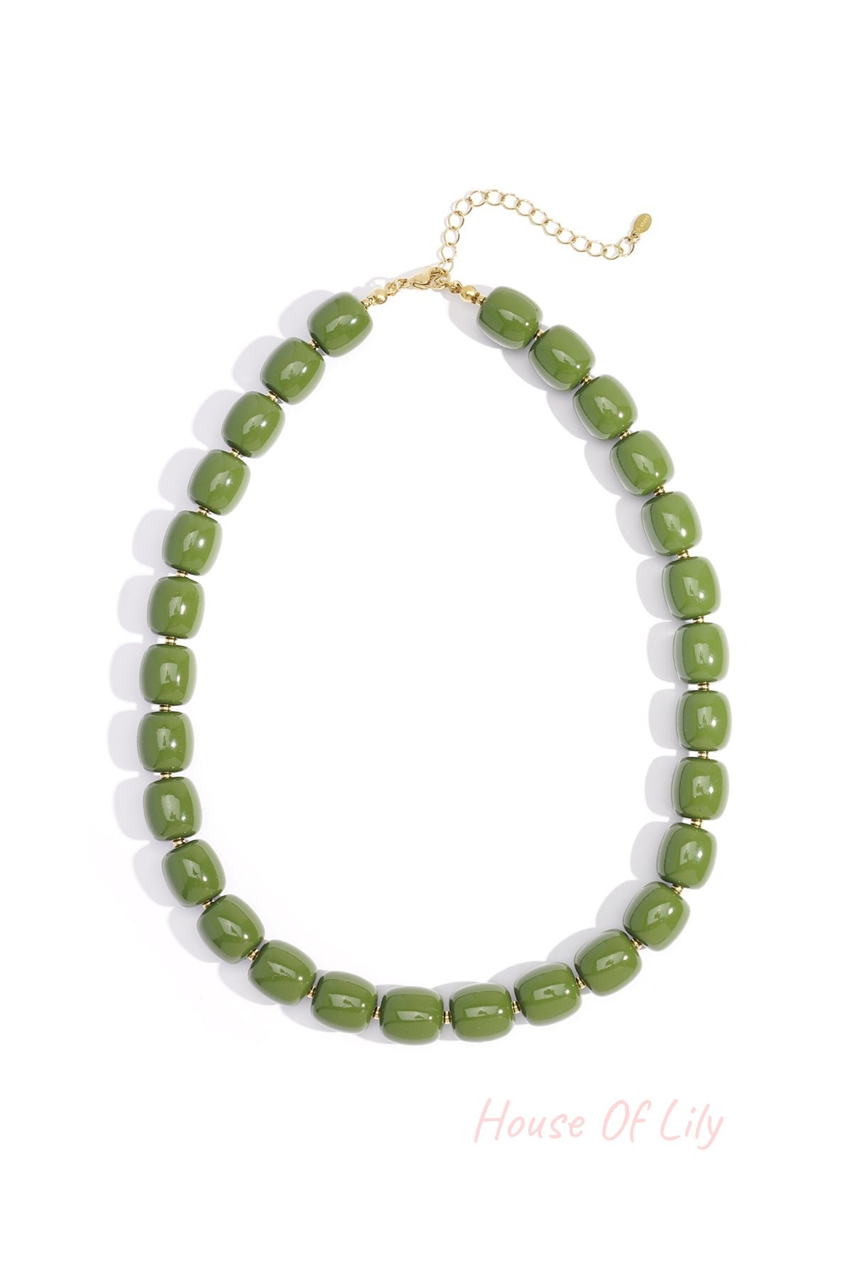 Close-up of olive green chunky acrylic bead necklace with gold-tone chain extension on white background