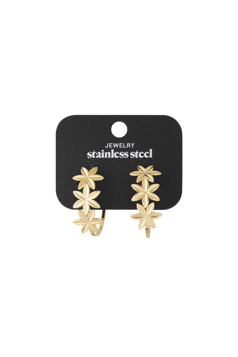 Petal Dream gold stainless steel hoop earrings featuring a trio of floral-shaped accents on each piece.