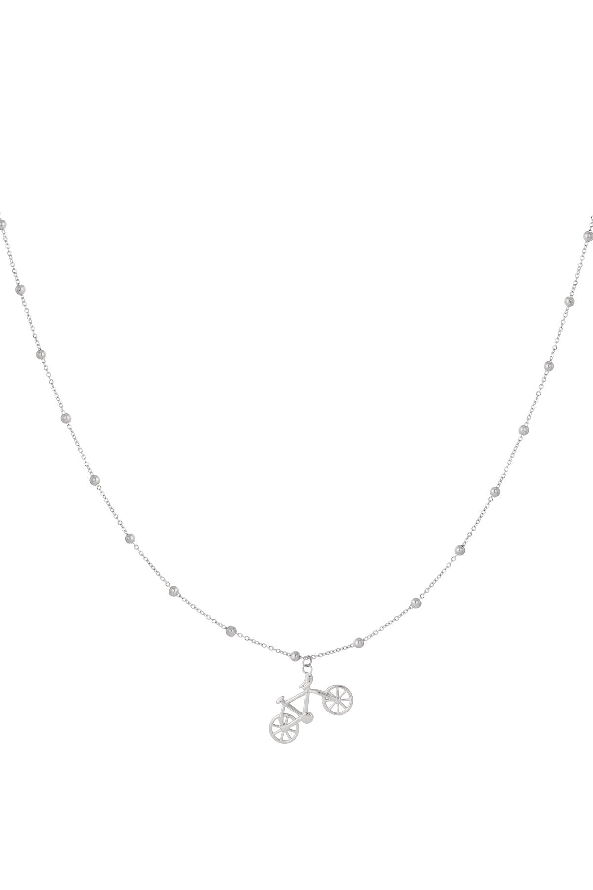 Silver bicycle pendant necklace with beaded chain on white background