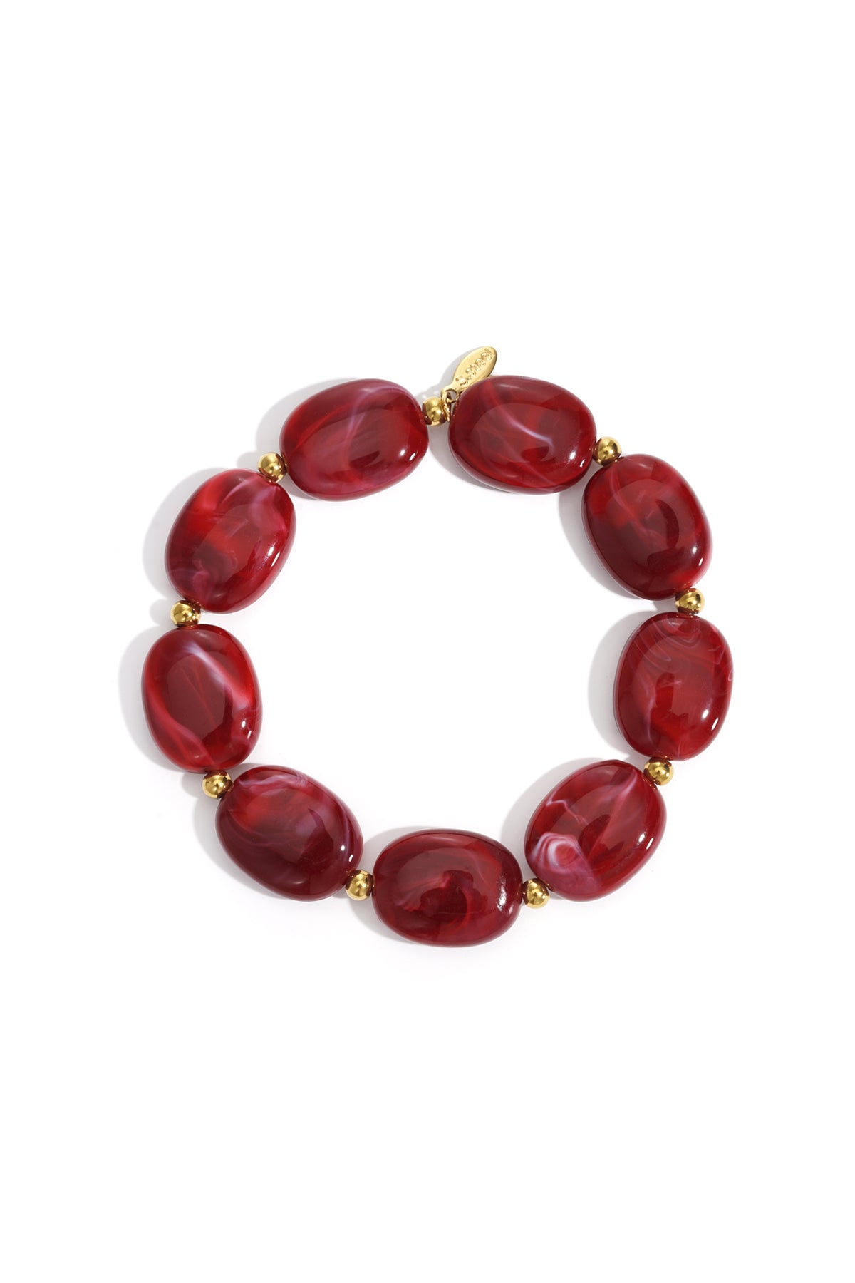 Stretch bracelet featuring deep red, swirled acrylic oval beads separated by small, polished gold-tone metal spacers.