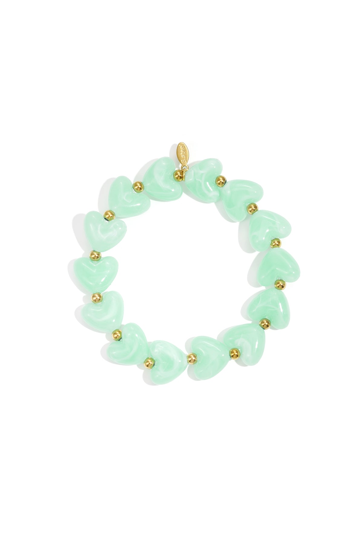 Stretch bracelet featuring mint green heart beads alternating with small gold metallic spacers, isolated on white.