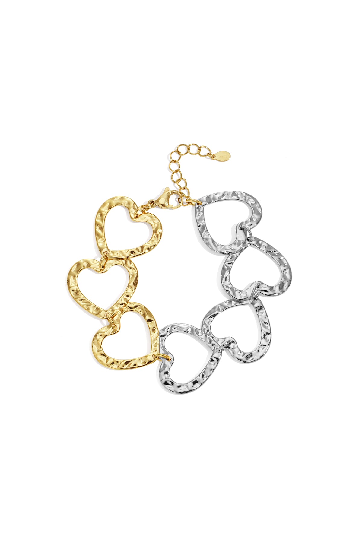 Two-tone hammered heart link bracelet showing gold and silver heart links on white background