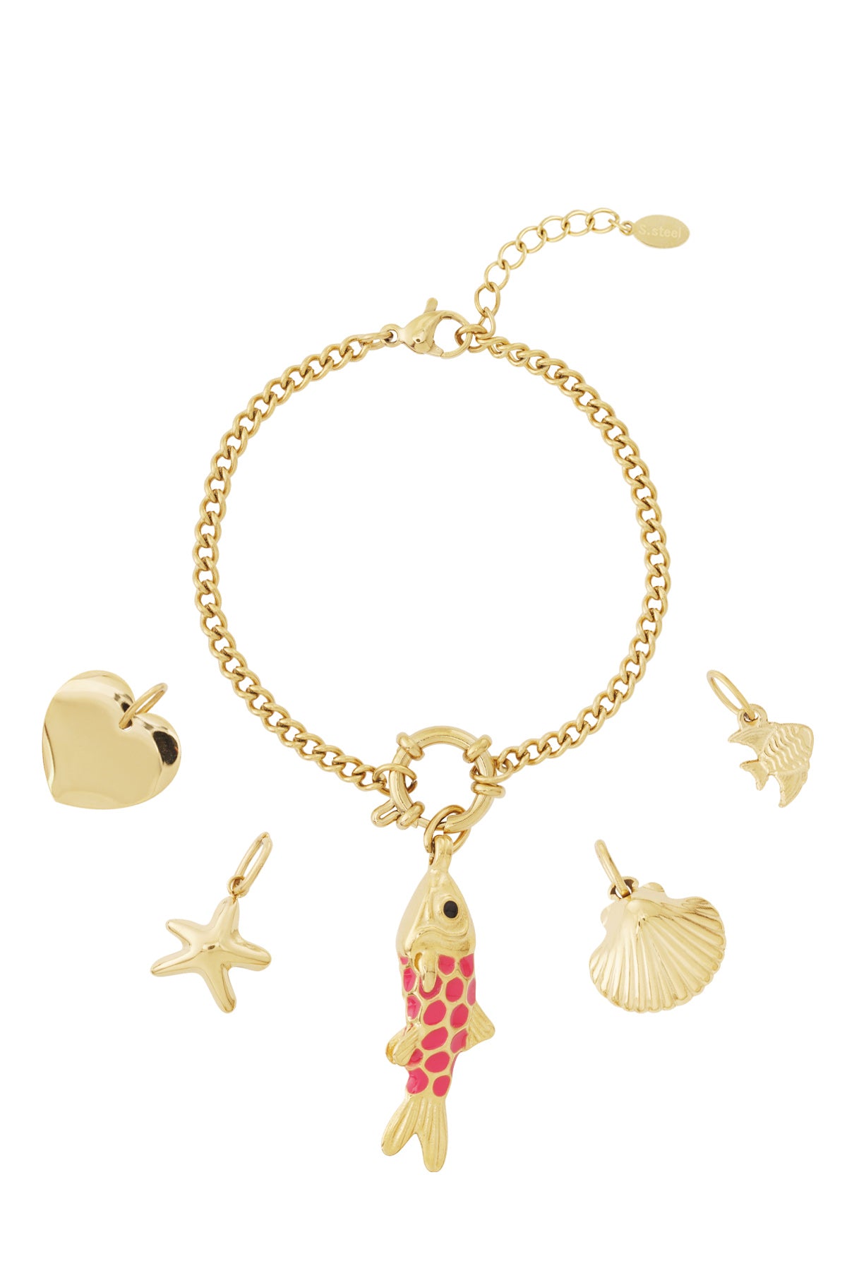 Gold plated charm bracelet with five ocean-themed charms including a pink enamel fish, starfish, shell, heart, and fish laid flat