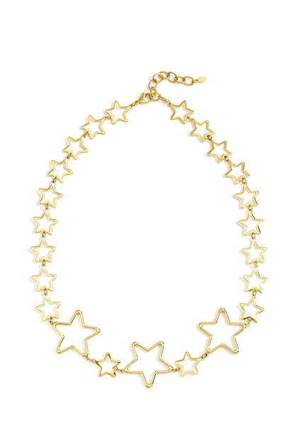 Gold star chain necklace with varying open star shapes laid flat