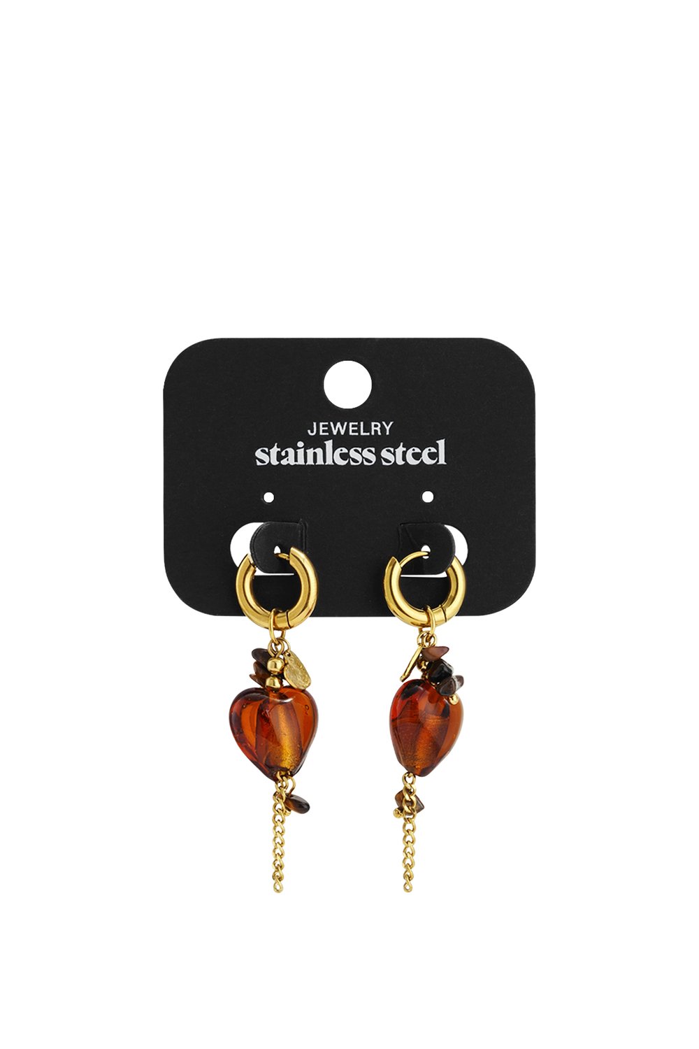Gold stainless steel hoop earrings featuring dangling amber-colored heart charms and delicate accent chains.
