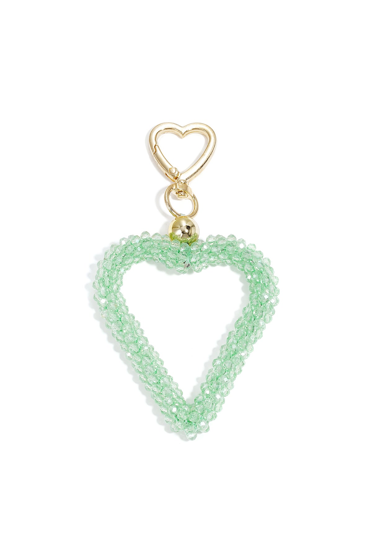 Mint green beaded heart keychain with gold heart-shaped clasp on white surface