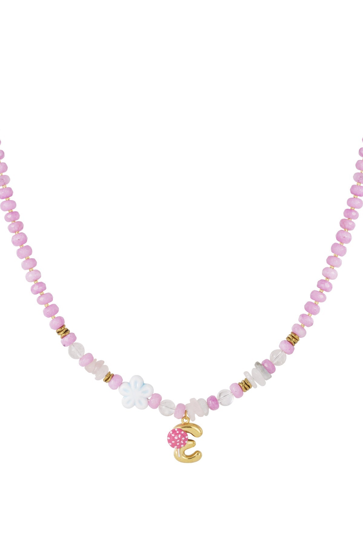 Green and white beads necklace with a gold letter H charm decorated with a green bead, along with turquoise starfish and pink flower charms