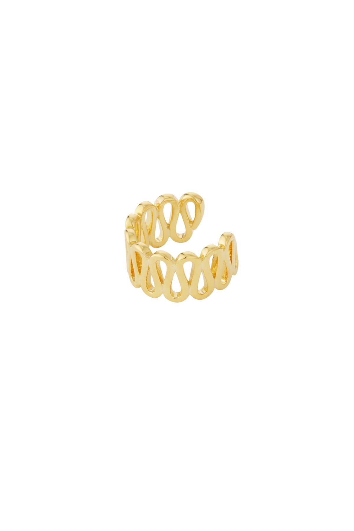 Close-up of gold swirl pattern ear cuff with open loops, isolated on white background