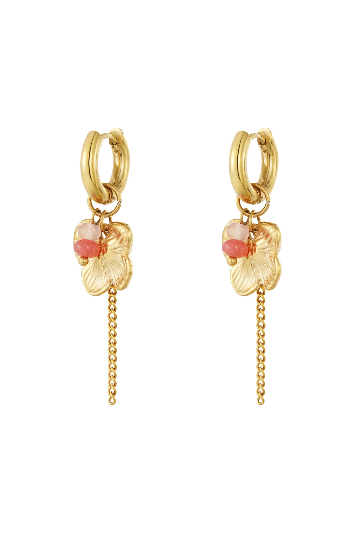 Pair of gold-tone floral drop earrings with pink gemstone beads and dangling chain detail on white background