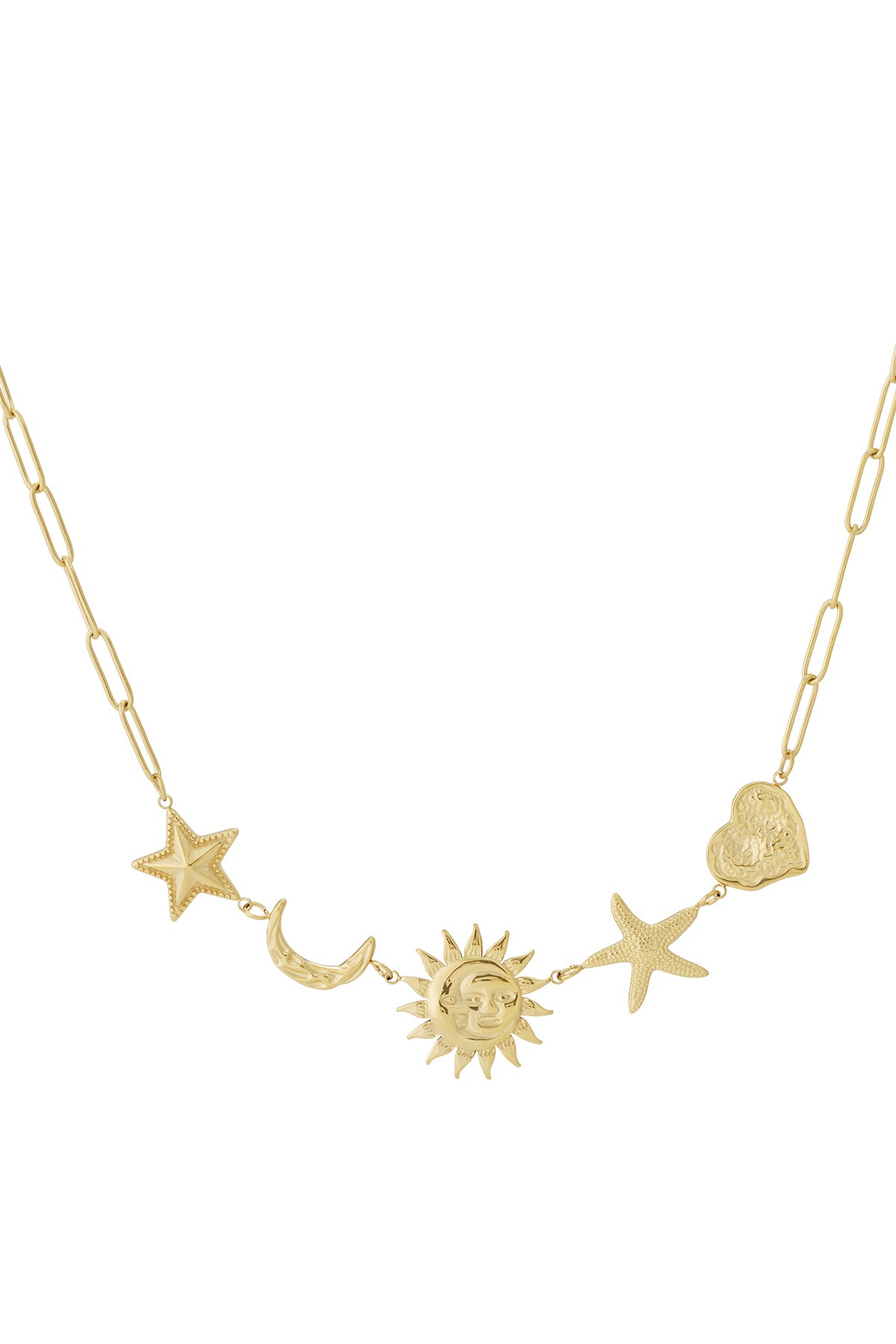 Gold pendant necklace featuring star, crescent moon, sun, starfish, and heart charms on elongated chain