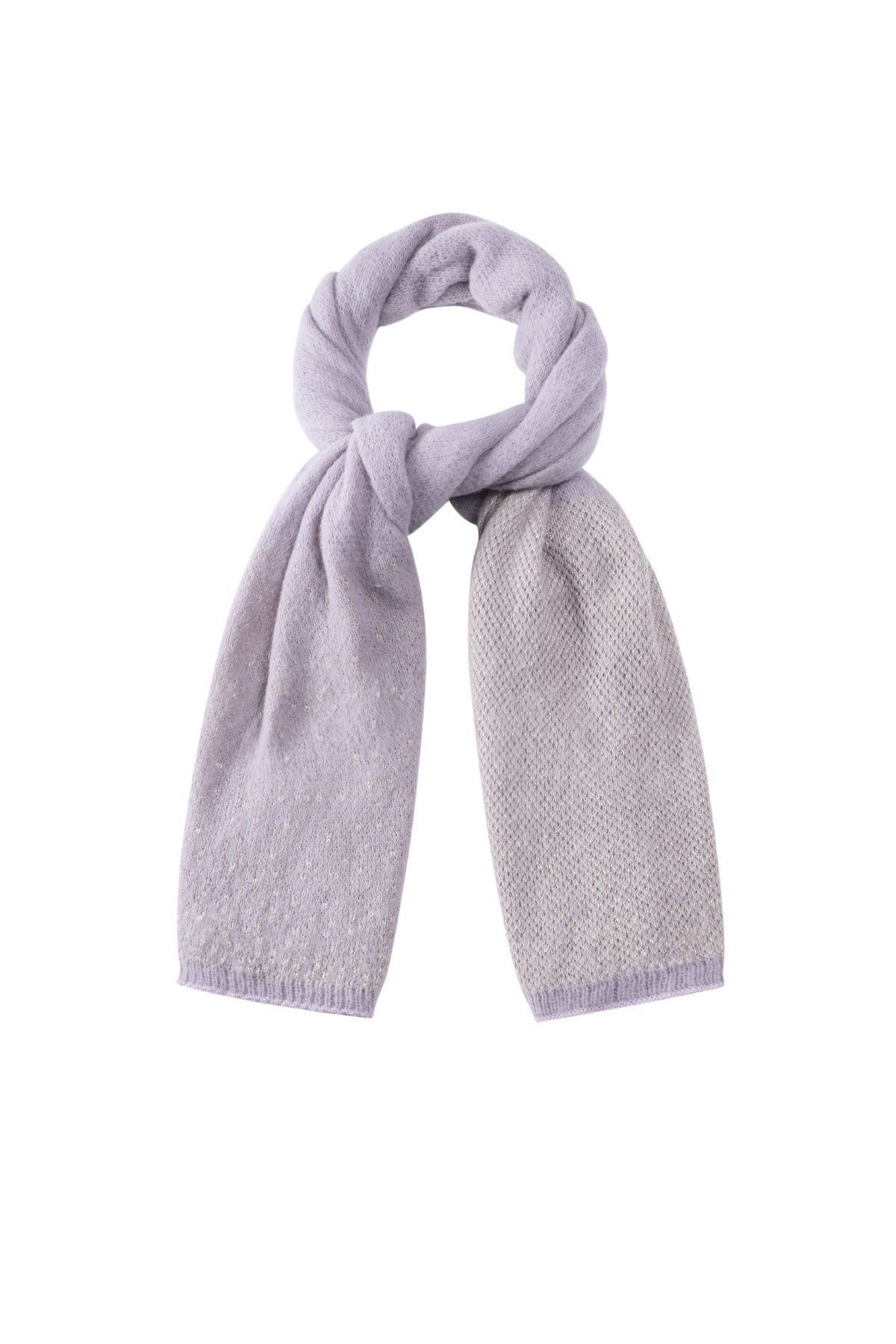 Muted lavender knit winter scarf with two-tone texture and sparkle, looped on plain background