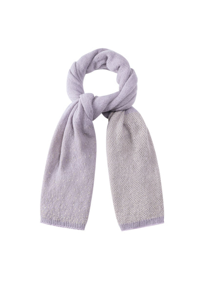 Muted lavender knit winter scarf with two-tone texture and sparkle, looped on plain background